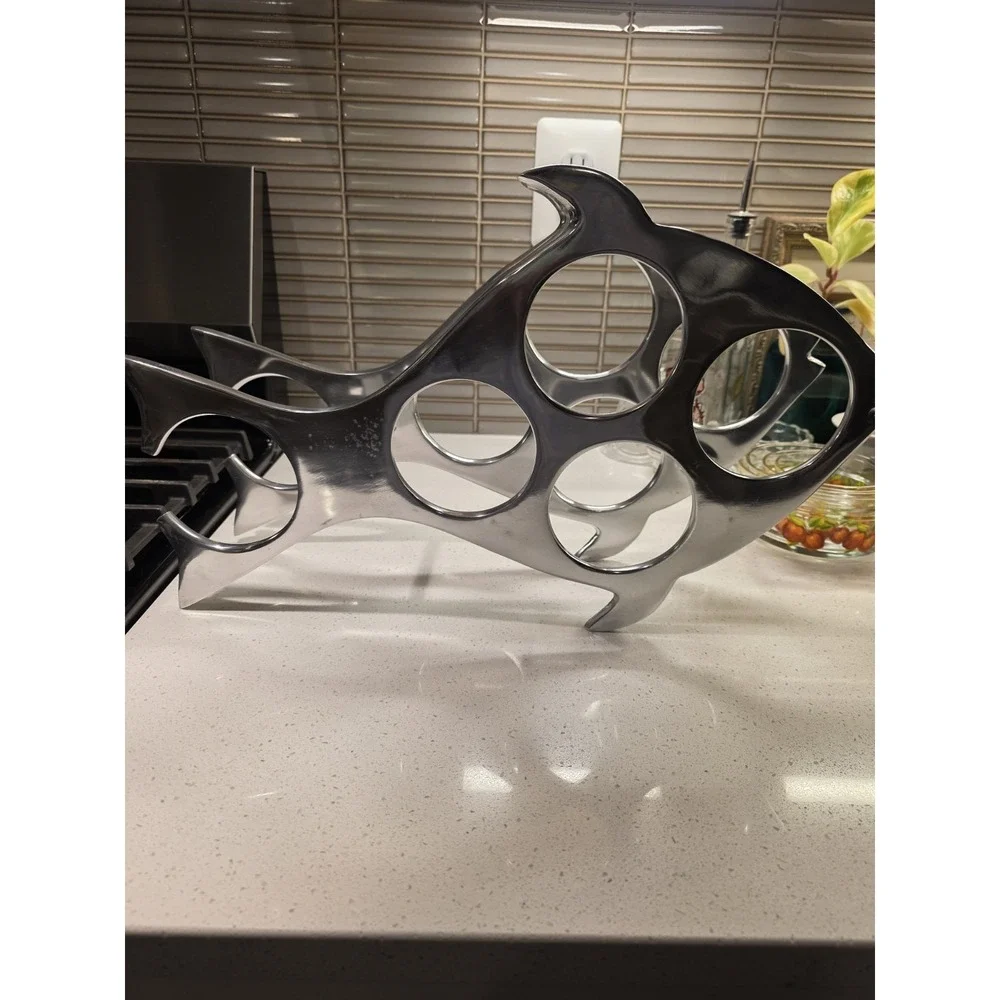 Silver Metal Fish Shaped Countertop Wine Rack Holder Heavy-Duty 5 Bottle